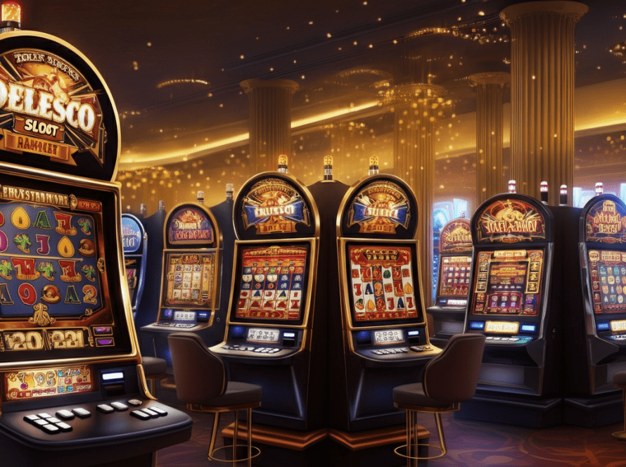 A glamorous casino with multiple slot machines, bright lights, and a luxurious atmosphere.