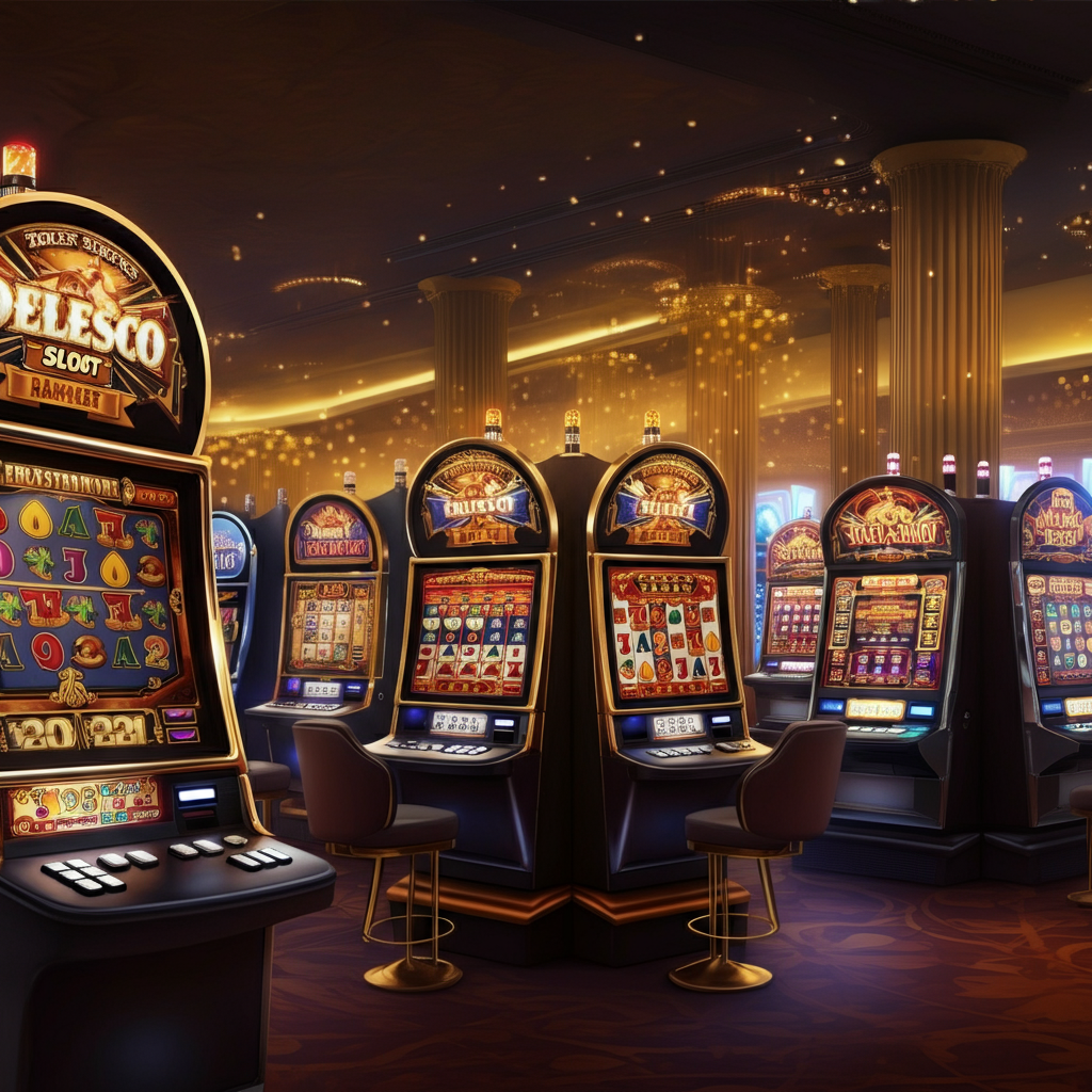 A glamorous casino with multiple slot machines, bright lights, and a luxurious atmosphere.
