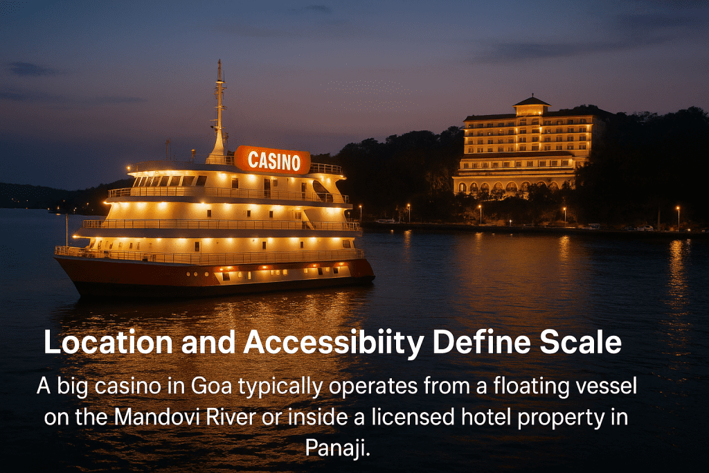 Floating casino on Mandovi River with luxury hotel in Panaji, Goa at twilight.