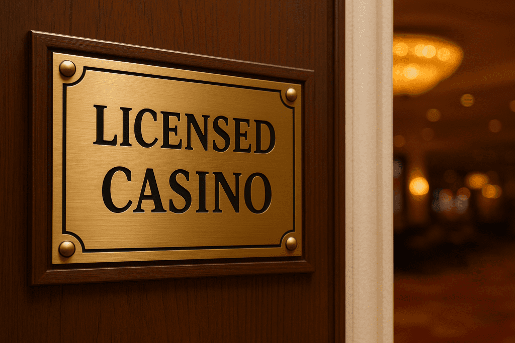 Close-up of a licensed casino sign mounted on a wooden wall with a blurred casino interior in the background.