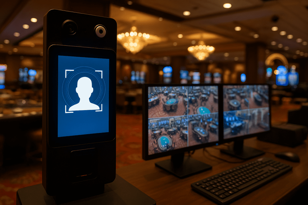 Casino security setup with biometric scanner and surveillance monitors showing live gaming table footage.