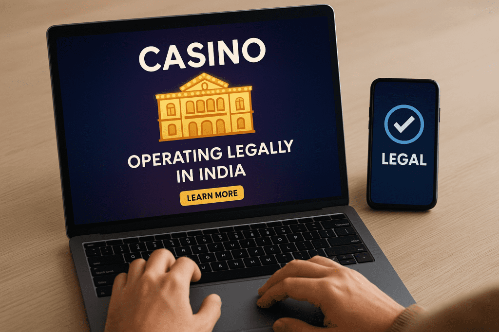 Person browsing a legal Indian casino website on a laptop, with a smartphone displaying a legal verification checkmark.
