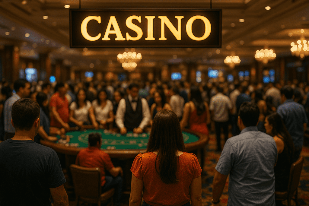 Crowded casino floor with players gathered around gaming tables under a glowing "CASINO" sign.