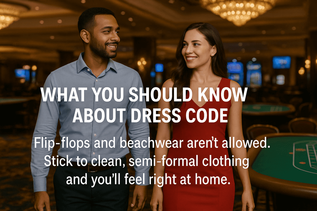 Well-dressed couple in a casino showcasing appropriate semi-formal dress code.