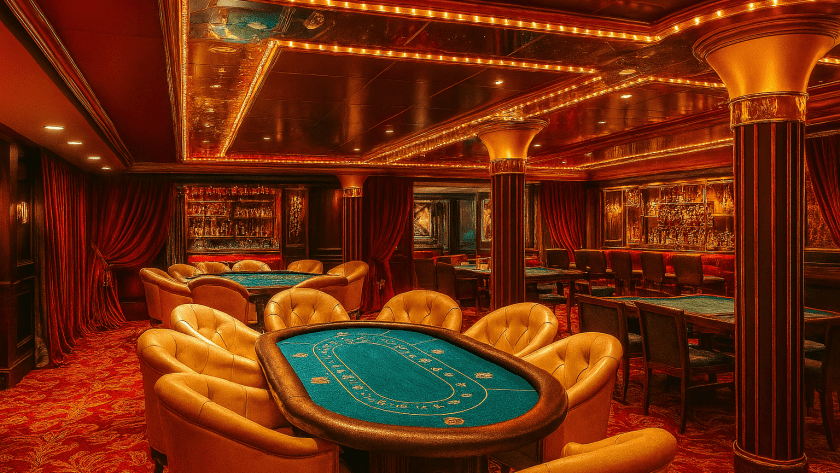 Luxurious casino interior with poker tables and warm lighting