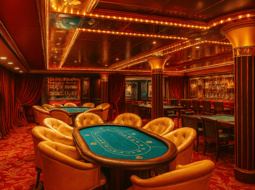 Luxurious casino interior with poker tables and warm lighting
