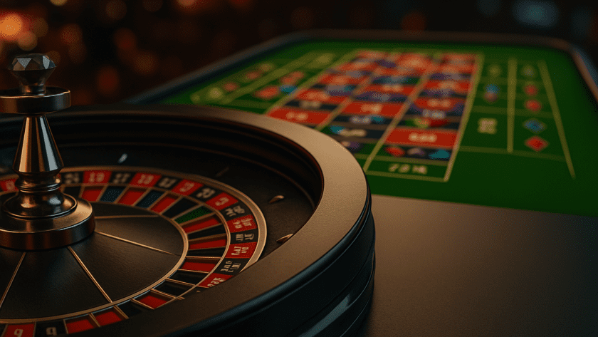 Roulette wheel and betting table in a vibrant casino setting