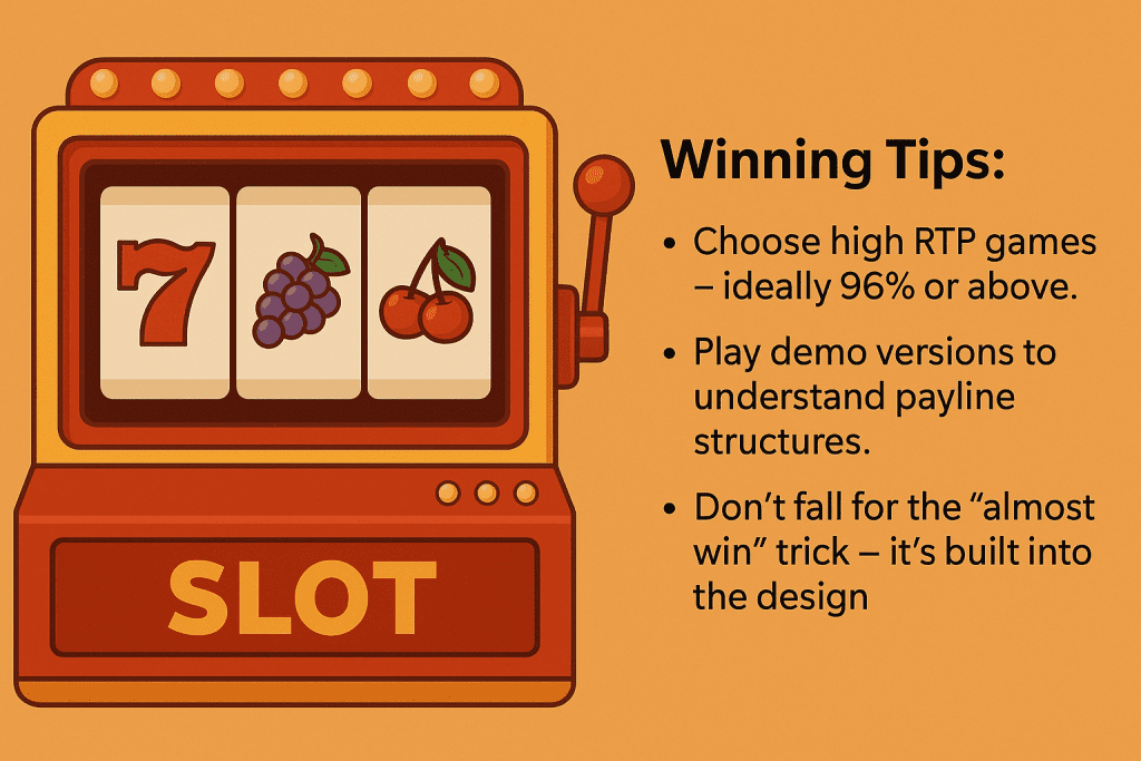 Classic slot machine with fruit symbols and winning tips on an orange background