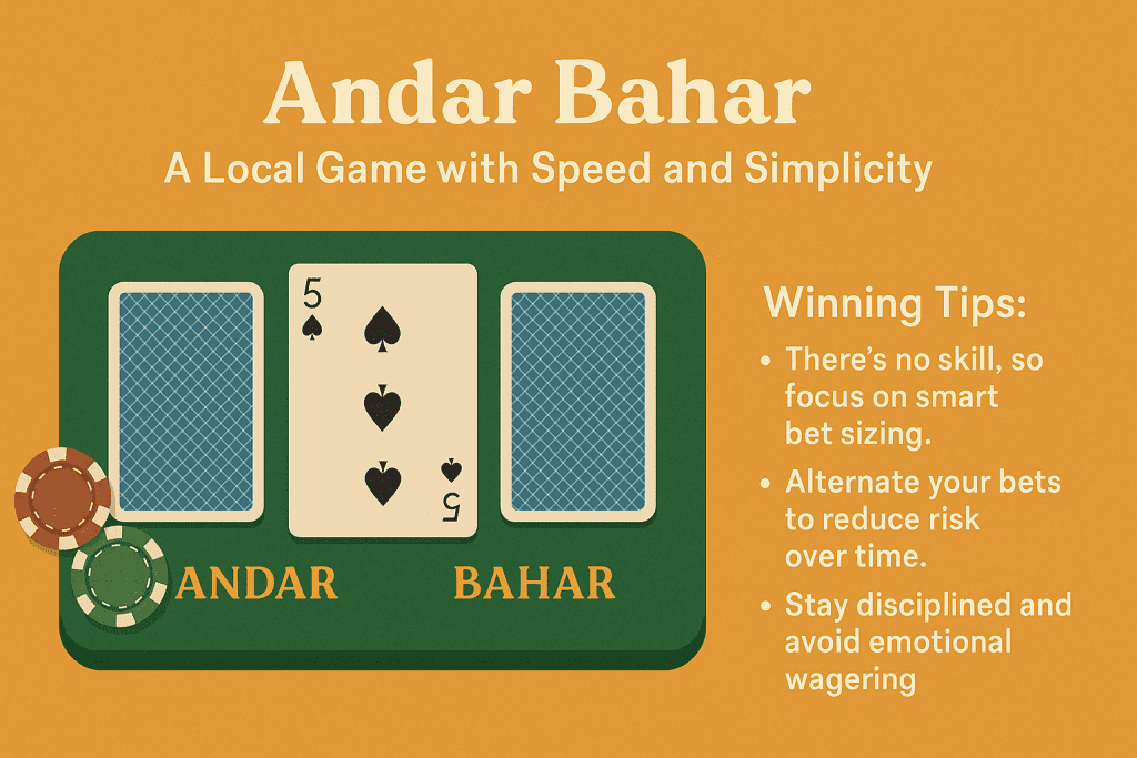Andar Bahar game table with center card, chips, and winning tips on an orange background