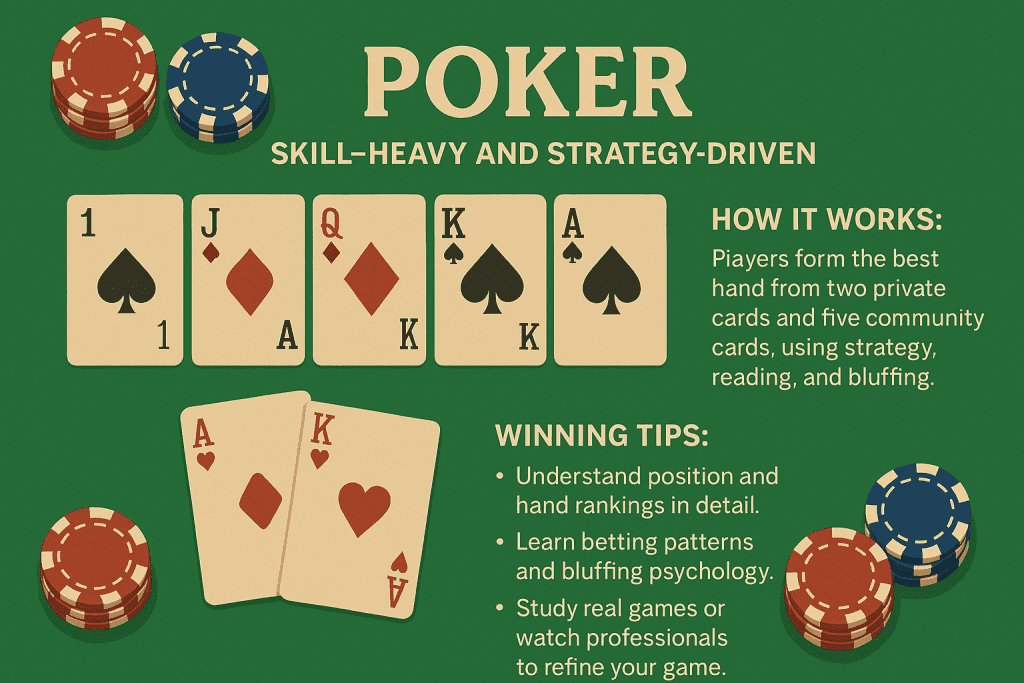 Texas Hold’em poker table with community and private cards, chips, and strategy tips on a green background