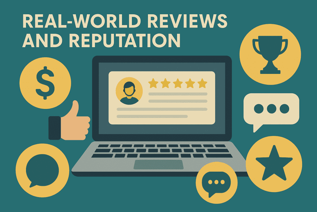 Casino India reviews and reputation infographic with laptop, star ratings, and feedback icons.