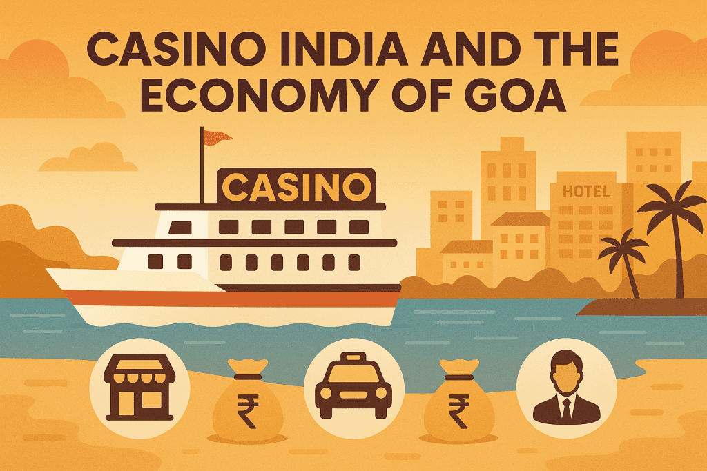 Illustration of a casino ship boosting Goa's economy with icons for hotels, taxis, and rupee earnings.