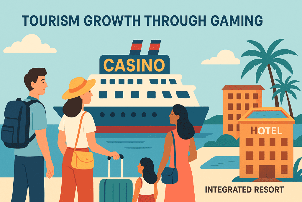 Tourists arriving at a casino cruise and luxury resort in Goa.