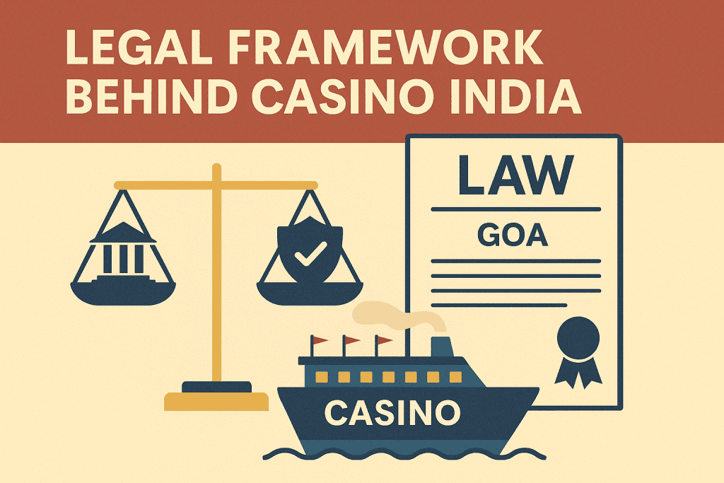 Illustration showing Goa’s casino laws with a legal scale, law document, and offshore casino ship.