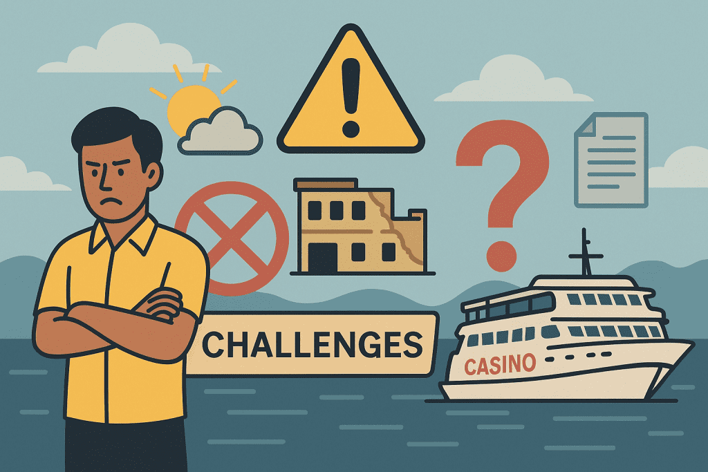 Illustration showing casino industry challenges with warning signs, old building, and a concerned person.