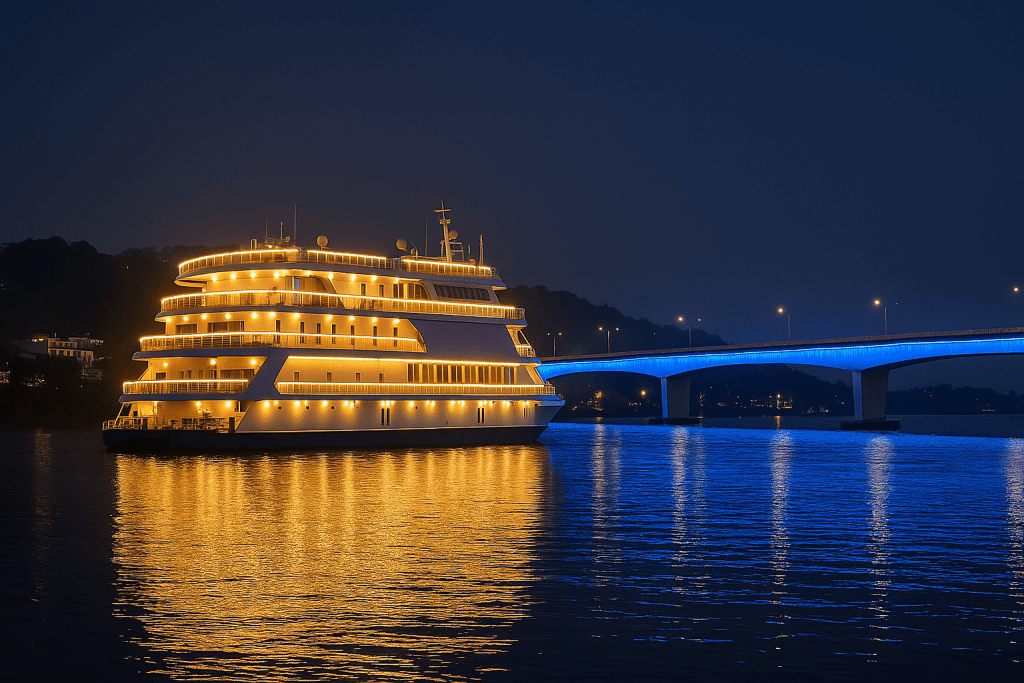 Luxury casino cruise ship glowing on Mandovi River at night near illuminated bridge