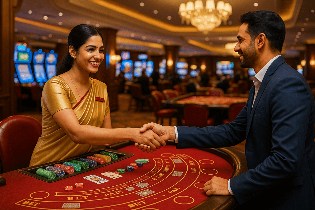 Casino dealer greeting guest with a handshake at a gaming table, showcasing premium hospitality