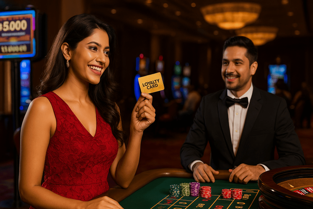 Woman holding a loyalty card at a casino table with dealer smiling in background