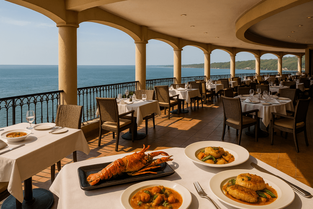 Seaside fine dining setup with seafood dishes and ocean view