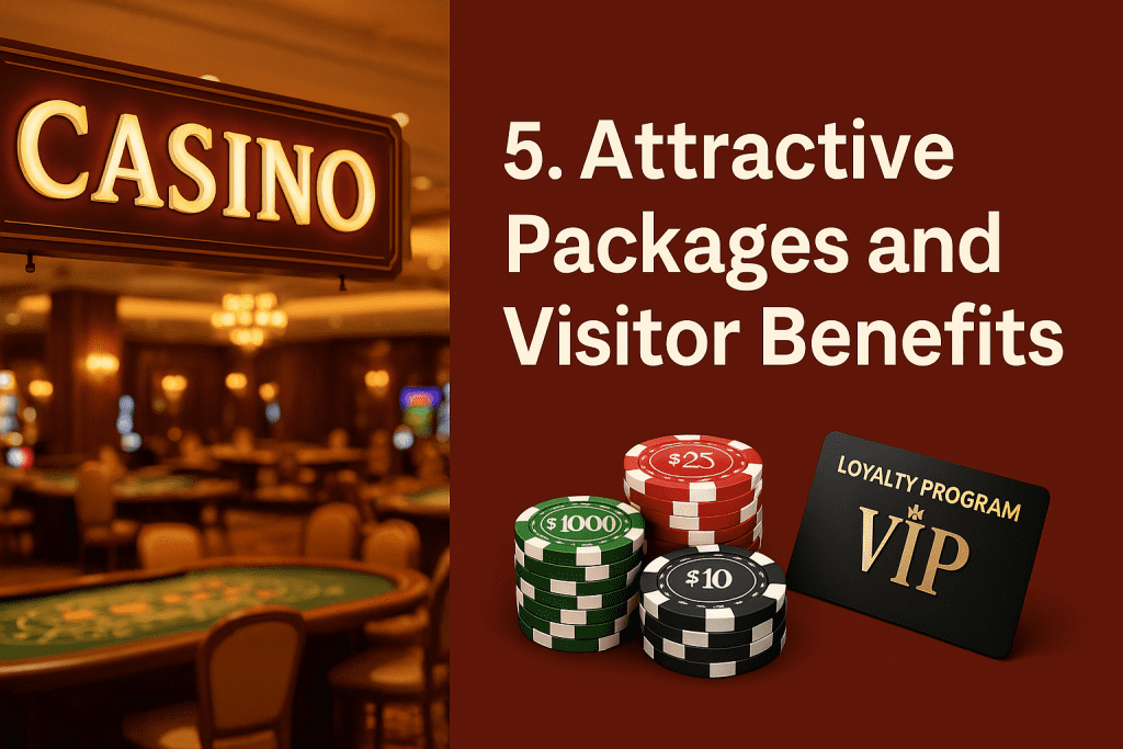 Casino interior with gaming chips and VIP loyalty card highlighting visitor benefits