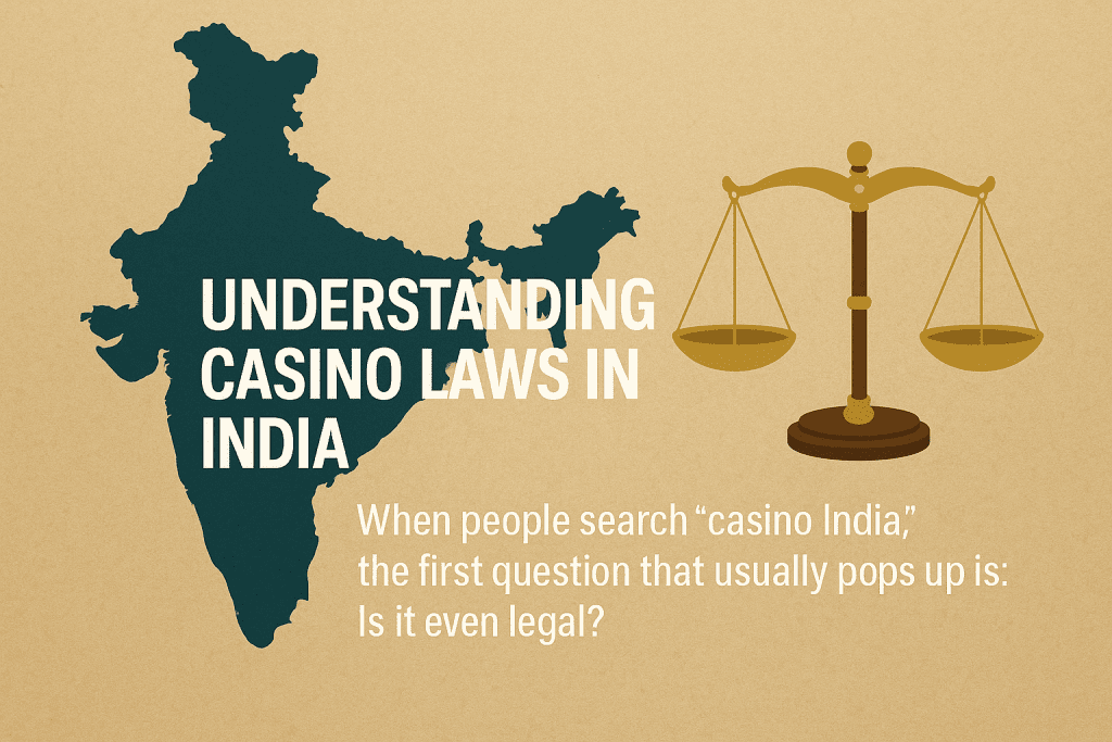 Map of India with justice scales showing casino laws