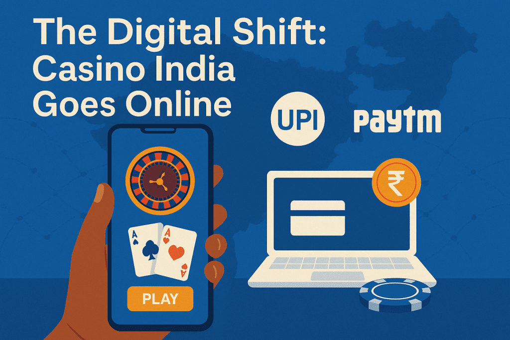 Illustration of online casino in India with smartphone, laptop, UPI, and Paytm