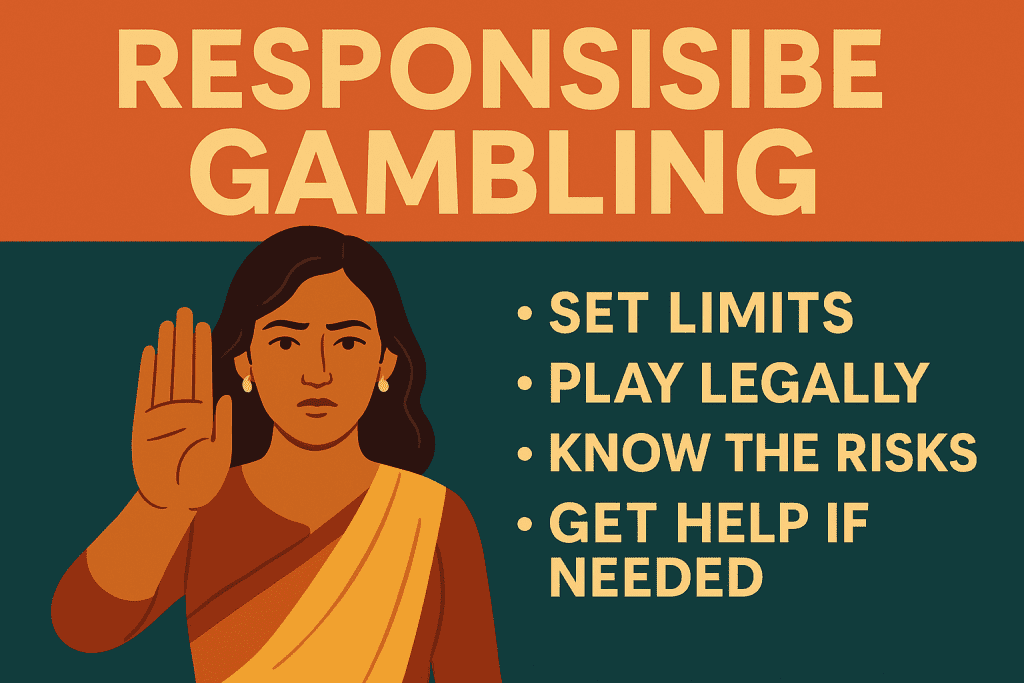 Responsible gambling poster with woman raising hand and safety tips