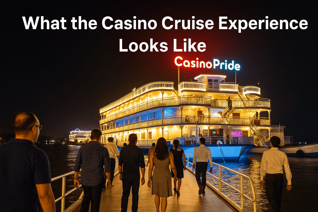 Guests boarding Casino Pride cruise in Goa at night on the Mandovi River