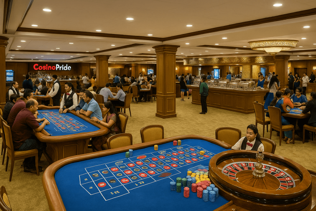 Interior of Casino Pride cruise in Goa with guests playing games and buffet dining in view