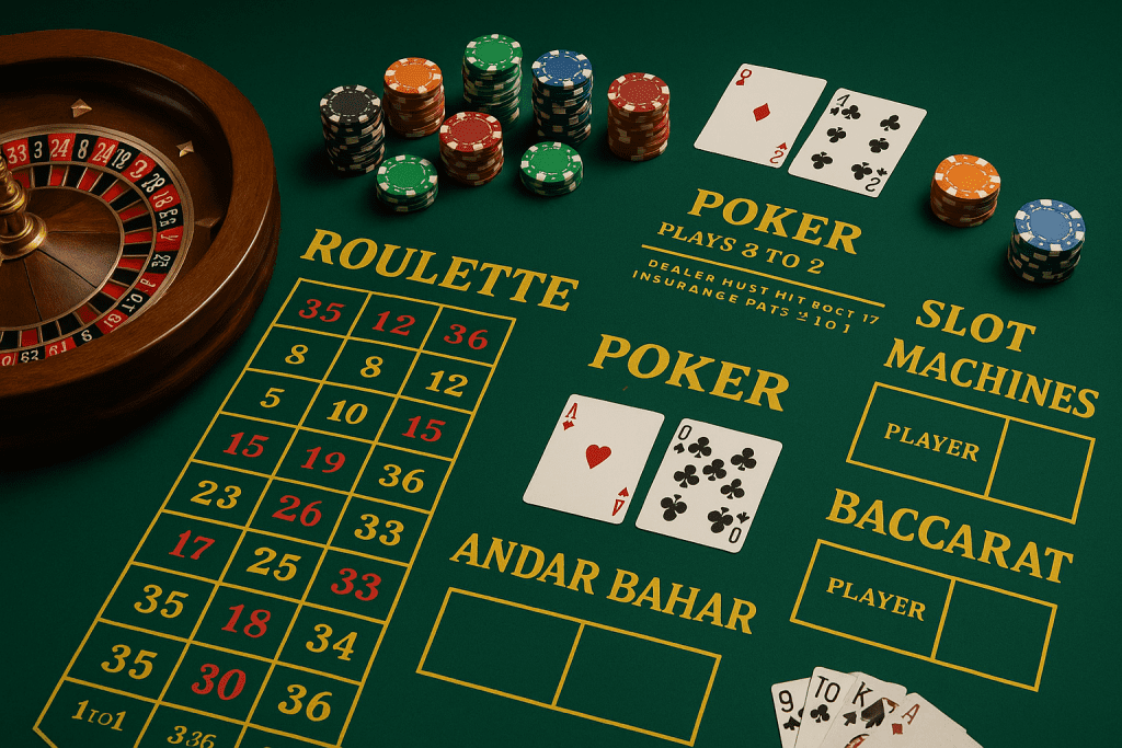 Casino table layout with roulette wheel, poker chips, and cards representing popular Goa games