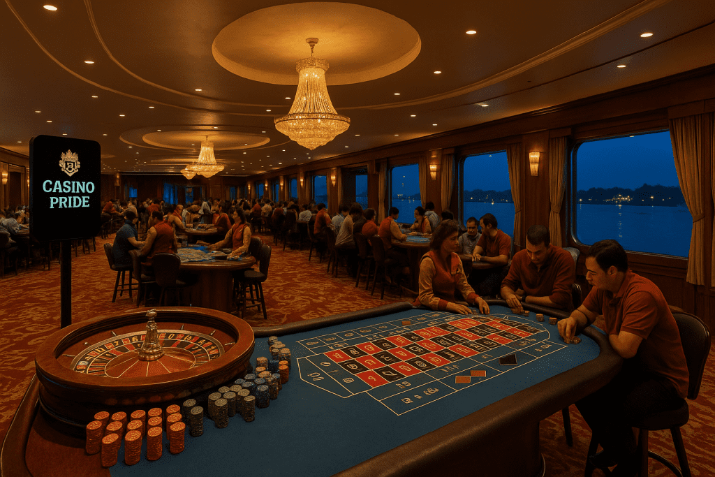 Floating casino in Goa with roulette table, poker chips, and players enjoying Goa games at Casino Pride