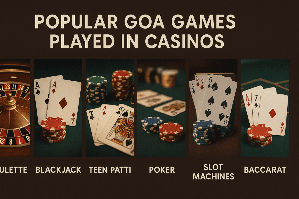 Popular Goa casino games – roulette, blackjack, teen patti, poker, slot machines, baccarat with cards and chips