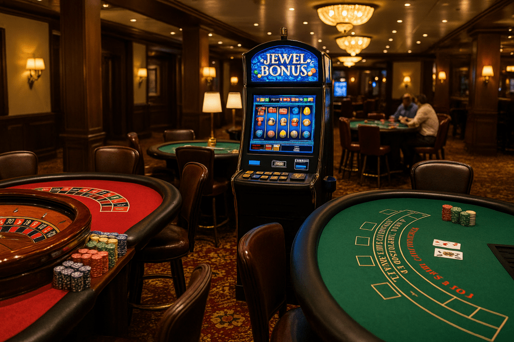 Casino floor with roulette table, slot machine, and blackjack table representing popular Goa games