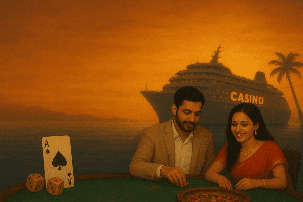 Couple playing roulette on a casino cruise ship at sunset in North Goa.