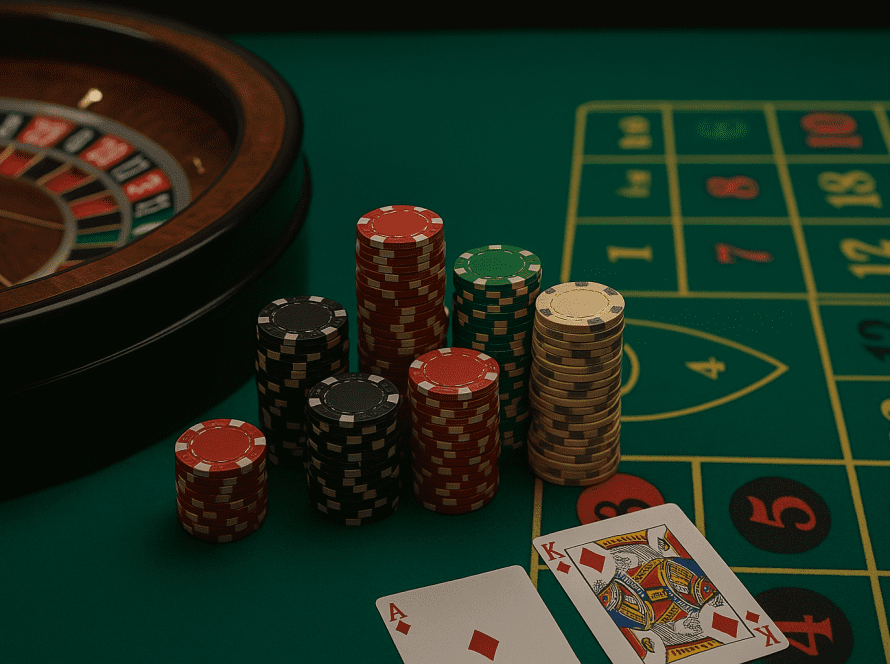 Roulette wheel, poker chips, and playing cards on a casino table showcasing popular Goa games at Casino Pride